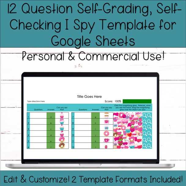 Template for Google Sheets - 12 Question - I Spy Digital Activity - Self-Grading Desserts/Sweets Edition