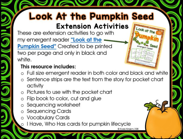 "Look At the Pumpkin Seed" Full Size Emergent Reader and Extension Activities