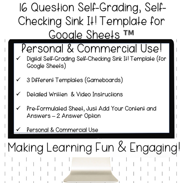 Editable Game Template for Google Sheets - Digital Activity - Self-Checking - Sink It! 16 Questions