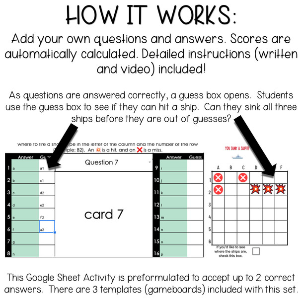 Editable Game Template for Google Sheets - Digital Activity - Self-Checking Sink It - 16 Question Task Cards