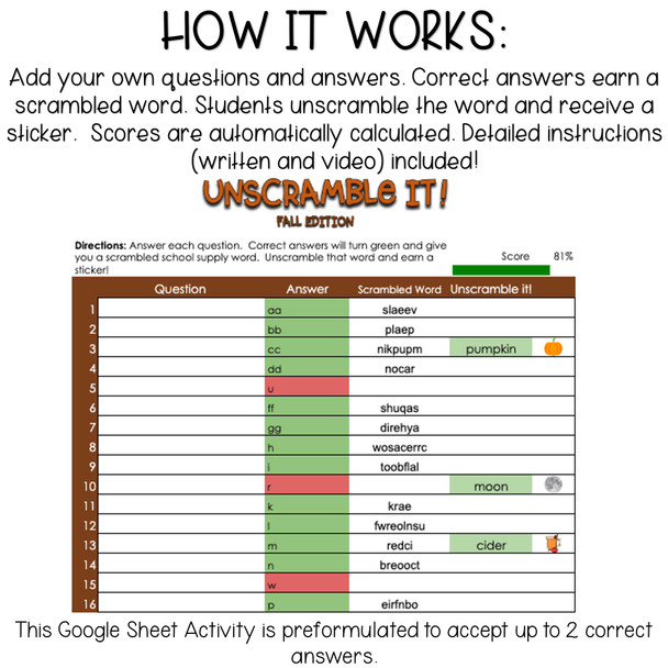 Editable Template for Google Sheets- 16 Question Digital Activity - Self-Grading - Unscramble It! Fall