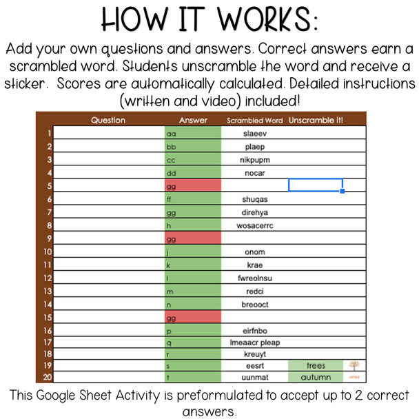 Editable Template for Google Sheets- 20 Question Digital Activity - Self-Grading - Unscramble It! Fall Edition