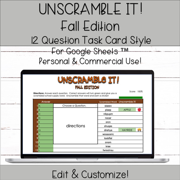 12 Question Self-Grading Self-Checking Unscramble It! Task Card Template for Google Sheets (Fall Edition)