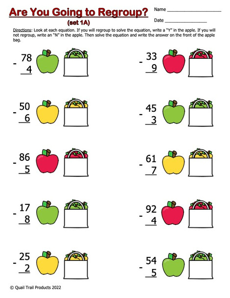 Subtraction with and without Regrouping Worksheets-Apple Theme