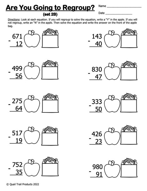 Subtraction with and without Regrouping Worksheets-Apple Theme