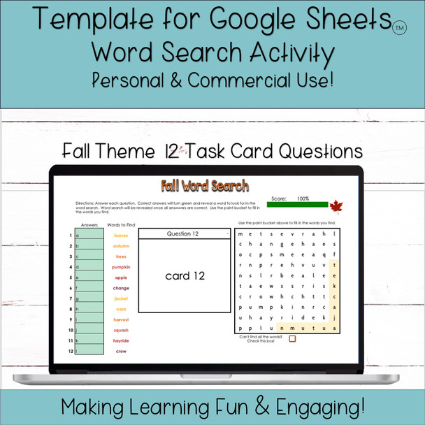 Self-Grading Self-Checking Word Search Template for Google Sheets - Fall - 12 Task Card Questions