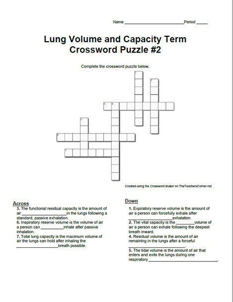 Lung Volume and Capacity Term Crossword Puzzle Set