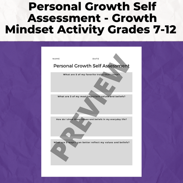 Personal Growth Self Assessment Writing - Growth Mindset Activity Grades 7-12