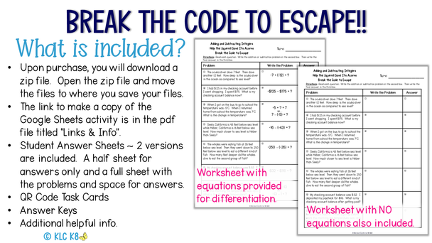 Adding & Subtracting Integers Practice | Integer Word Problems | Fall Theme Escape Activity