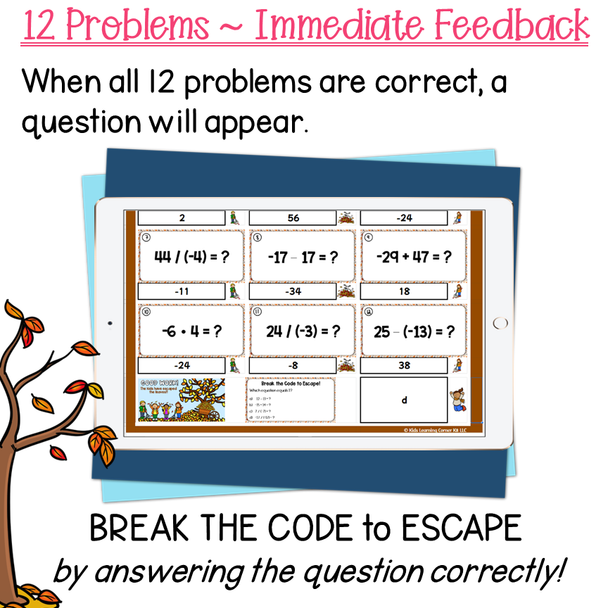 Integer Operations Practice | Fall Theme Escape Activity | Self-checking