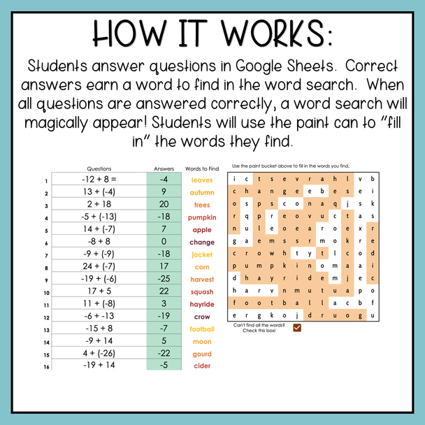 Adding Integers Digital Fall Word Search