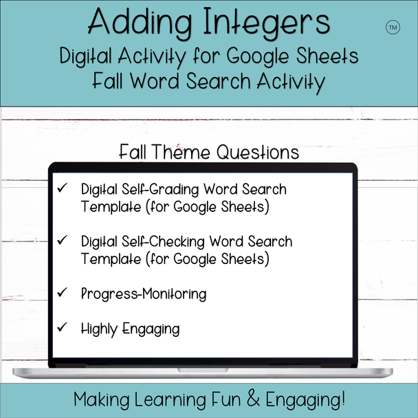 Adding Integers Digital Fall Word Search