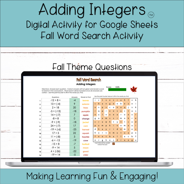 Adding Integers Digital Fall Word Search