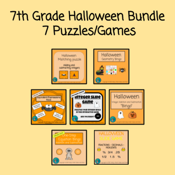 7th Grade Halloween Bundle - 7 different Puzzles and Games