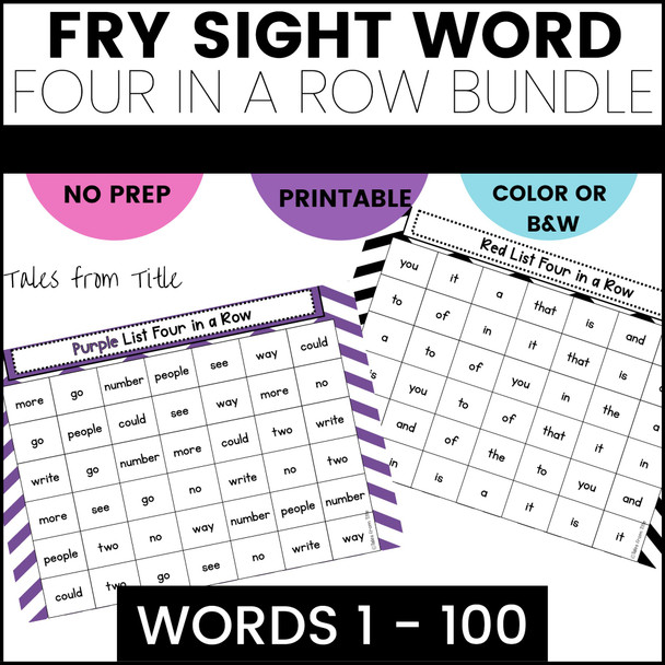 Fry Sight Word Game Bundle: Four in a Row: Words 1 - 100 - Printable