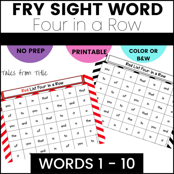 Fry's First 100 Sight Word Games: Four in a Row: Words 1 - 10 - Printable