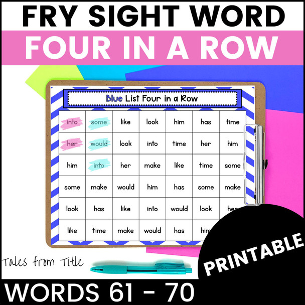 Fry's First 100 Sight Word Games: Four in a Row: Words 61 - 70 - Printable