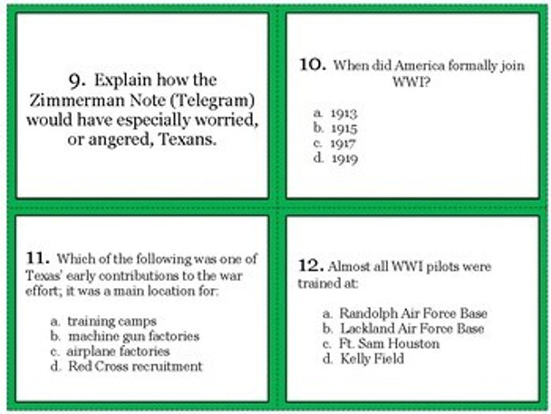 Texas During World War 1 Task Cards