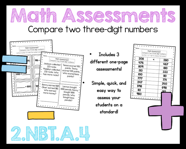 2nd Grade Math Compare Two Three-Digit Numbers Assessment 2.NBT.A.4