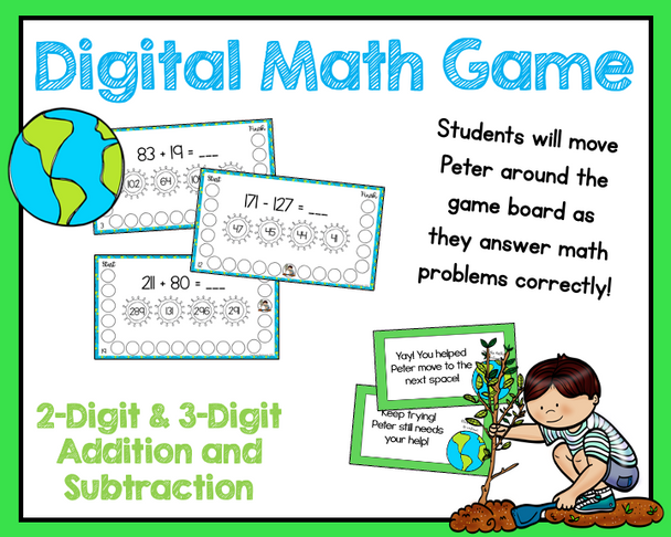Earth Day 2-Digit and 3-Digit Addition and Subtraction Digital Game