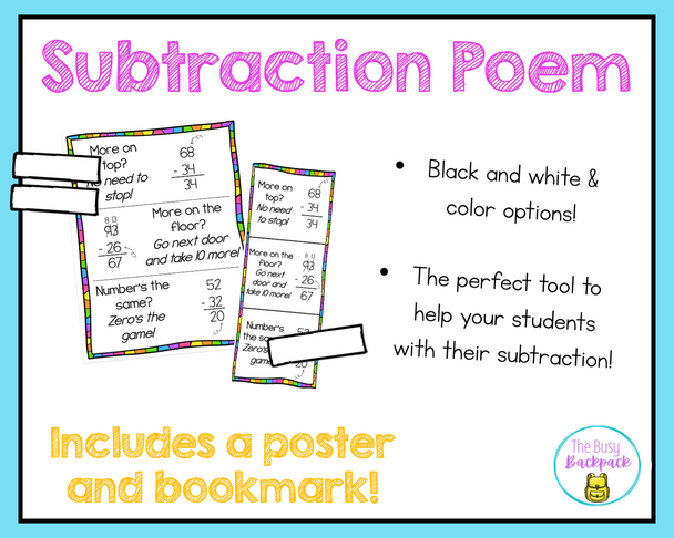 Subtraction Poem Poster 1st 2nd 3rd Grade Math Tool