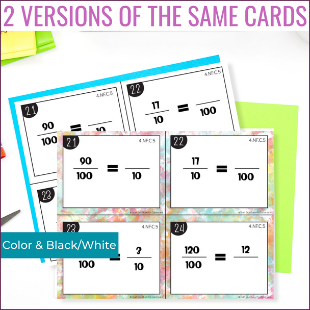 4th Grade Equivalent Fractions with Denominators of 10 or 100 Math Task Cards