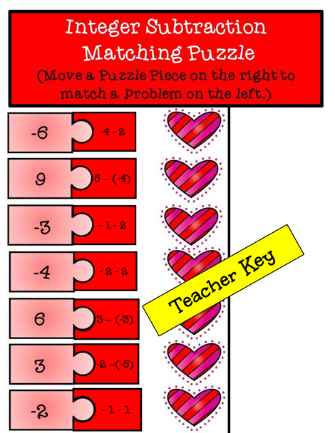 Valentine's Day Integer Addition and Subtraction Puzzle Pieces