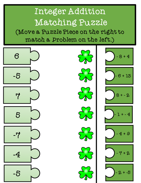 St. Patrick's Day Integer Addition and Subtraction Matching Puzzle Pieces - St. Patrick's Day