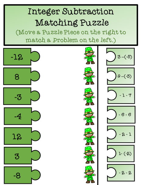 St. Patrick's Day Integer Addition and Subtraction Matching Puzzle Pieces - St. Patrick's Day