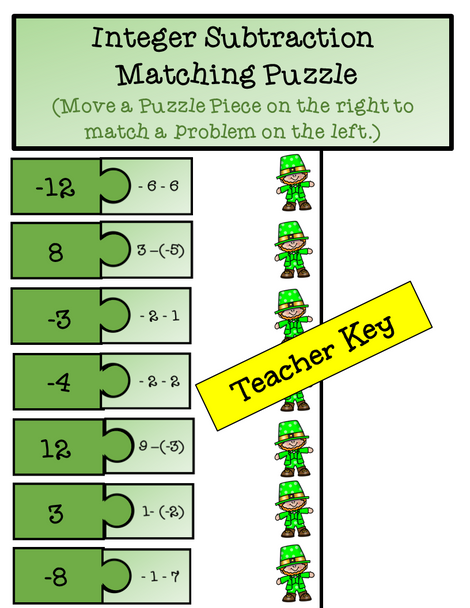 St. Patrick's Day Integer Addition and Subtraction Matching Puzzle Pieces - St. Patrick's Day