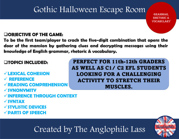 Escape room Halloween | Rhetorical devices | Syntax and more | Grade 11 - 12 |