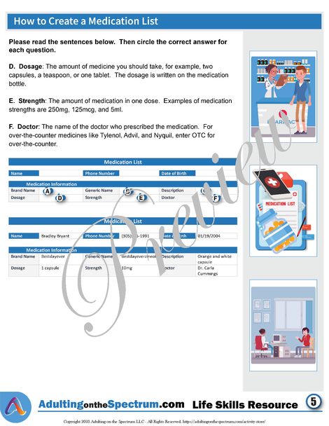 Essential Life Skills Activity for Teens and Adults -  How to Create a Medication List 