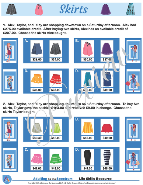 Functional Money Math Life Skills Worksheets - Level 1 Clothes Shopping 