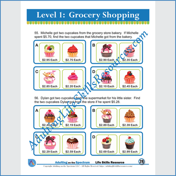 Functional Money Math Life Skills Worksheets -  Grocery Shopping Level 1 