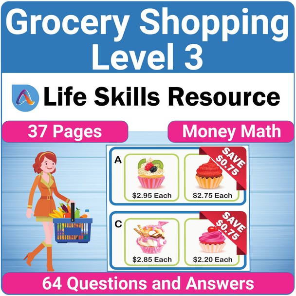 Functional Money Math Life Skills Worksheets -  Grocery Shopping Level 3