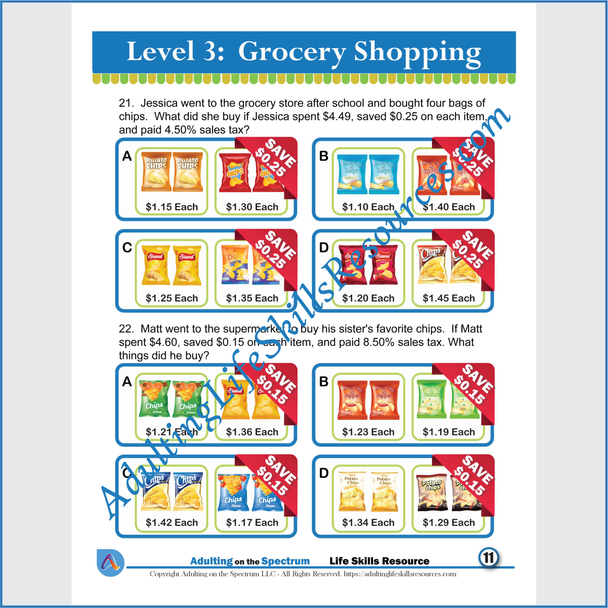 Functional Money Math Life Skills Worksheets -  Grocery Shopping Level 3