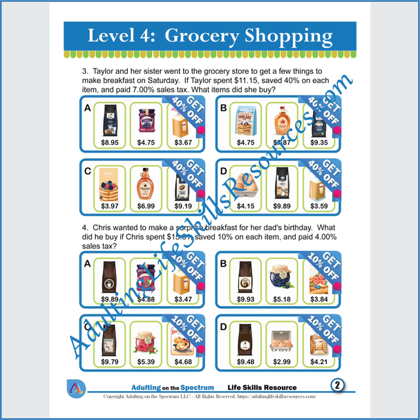 Functional Money Math Life Skills Worksheets -  Grocery Shopping Level 4