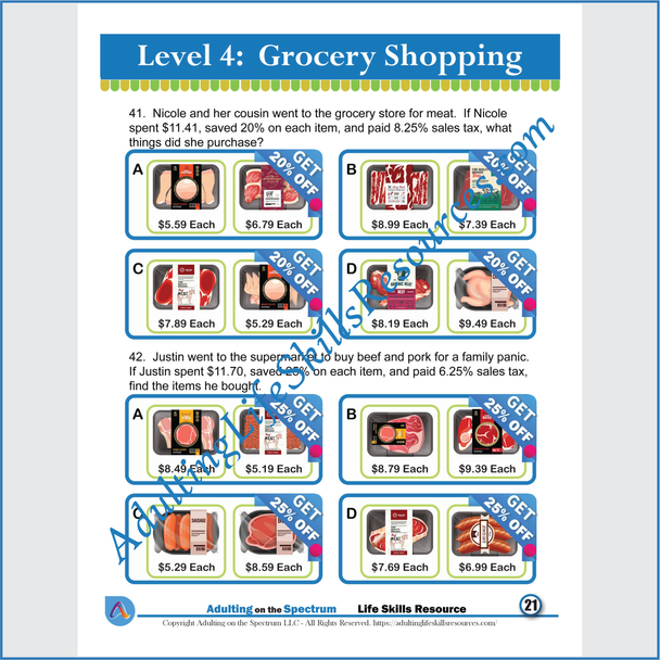 Functional Money Math Life Skills Worksheets -  Grocery Shopping Level 4