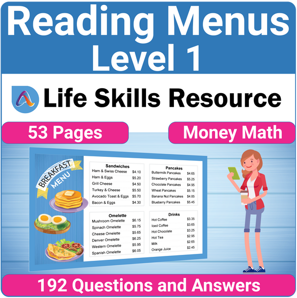 Functional Money Math Life Skills Worksheets - Reading Restaurant Menus Level 1