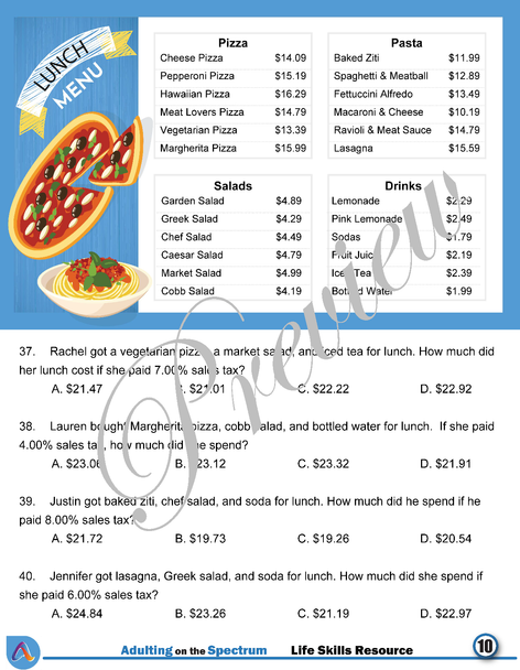 Functional Money Math Life Skills Worksheets - Reading Restaurant Menus Level 2