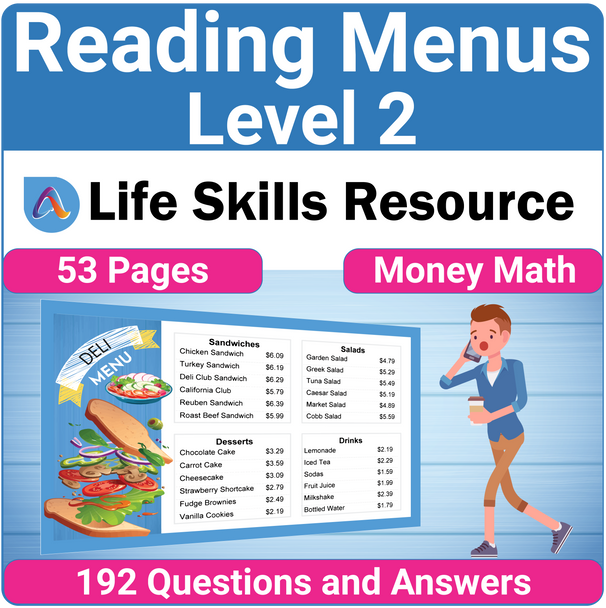 Functional Money Math Life Skills Worksheets - Reading Restaurant Menus Level 2