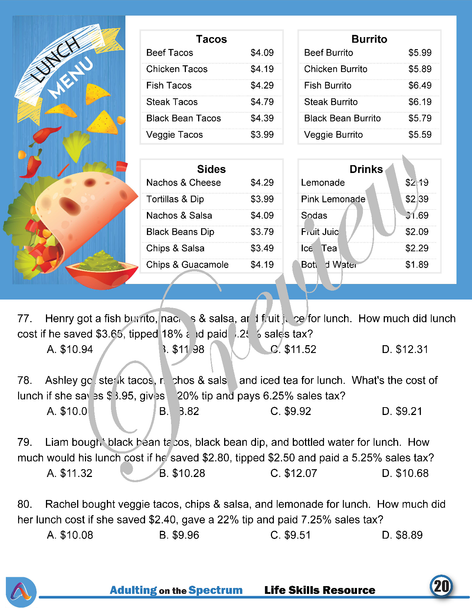 Functional Money Math Life Skills Worksheets - Reading Restaurant Menus Level 4