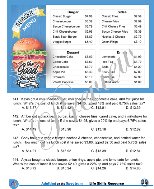 Functional Money Math Life Skills Worksheets - Reading Restaurant Menus Level 4