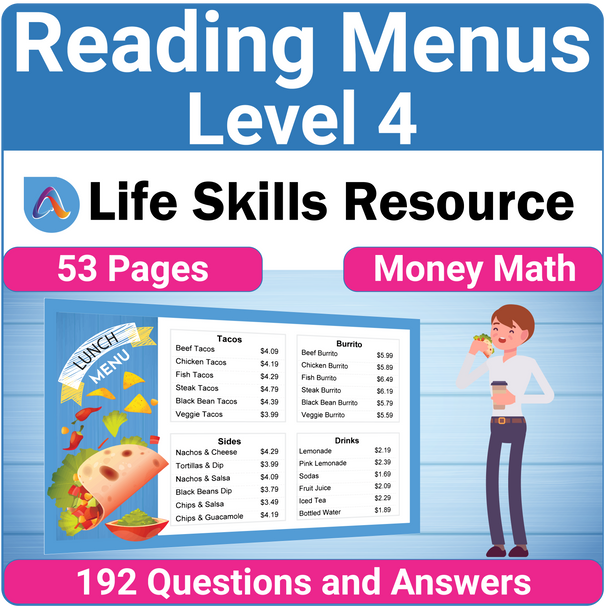 Functional Money Math Life Skills Worksheets - Reading Restaurant Menus Level 4