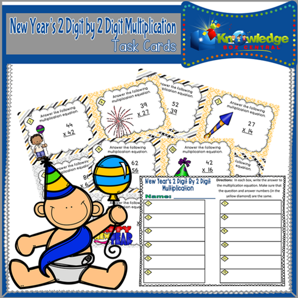 New Year's 2 Digit By 2 Digit Multiplication Task Cards With Response Sheet & Answer Key 