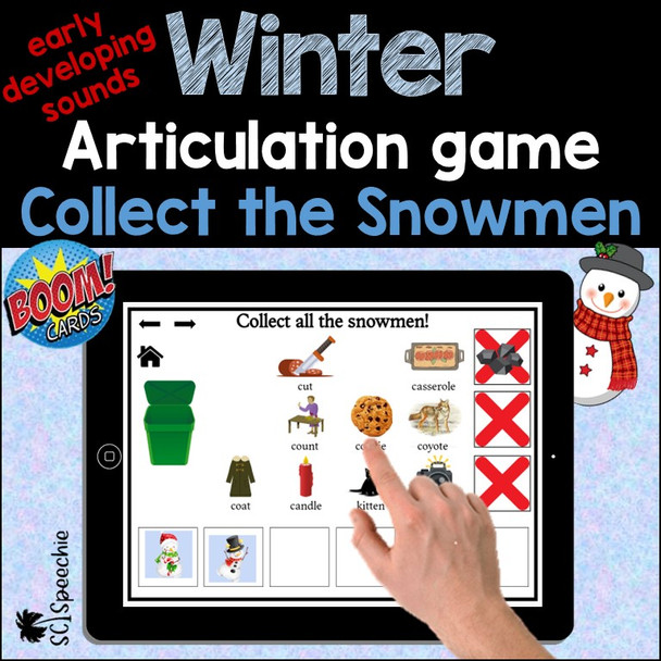 Winter Articulation Game:  Collect the Snowmen - early developing sounds BOOM Card™