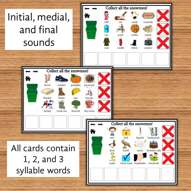 Winter Articulation Game:  Collect the Snowmen - early developing sounds BOOM Card™