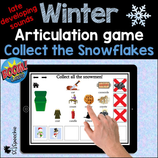 Winter Articulation Game:  Collect the Snowflakes - late developing sounds BOOM Card™