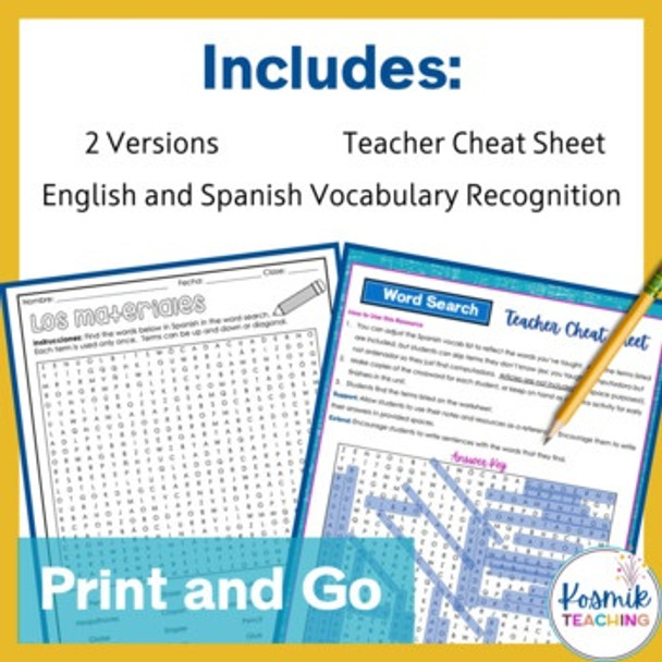 Spanish School Supplies Vocabulary Word Search