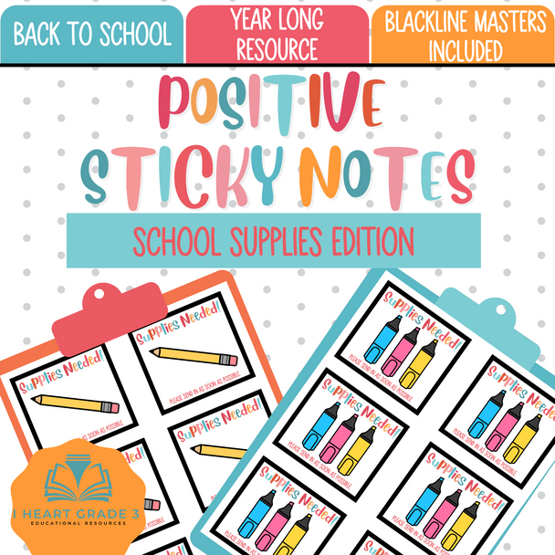 These little notes are the perfect way to remind students and parents that they need to bring in some new school supplies. These easy to print and easy to use notes can be used two different ways - either bring off and cut the colour versions that you need or place sticky notes over the backline masters that you need, reseed them into your printer, and reprint. Either way, these notes will save you a lot of time and frustration when new supplies are needed.
This file includes:
* 19 full coloured images for various school supplies needed throughout the school year.
* All backline masters